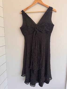Donna Ricco Black Midi Dress with Cream Polka Dots and Twist Front